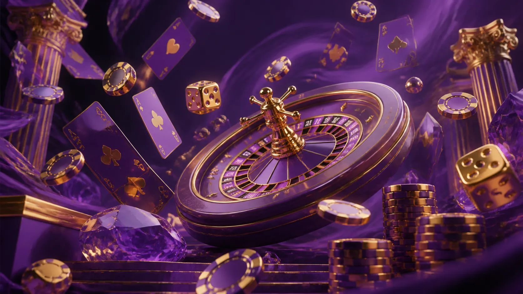 Cyberpunk-themed casino scene with neon poker chips, glowing dice, and a vibrant roulette wheel.